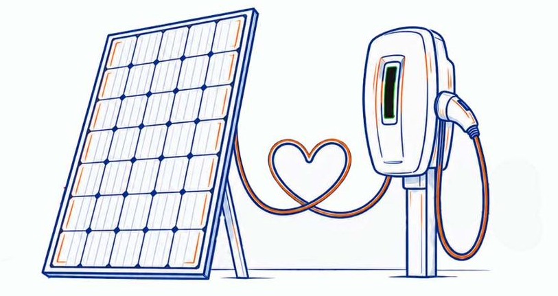 Pannello fotovoltaico e colonnina di ricarica uniti da un cavo a forma di cuore